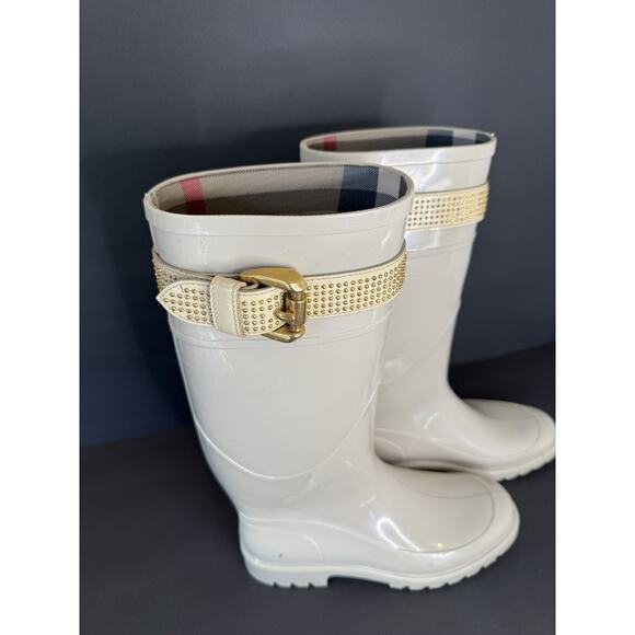 Burberry Plaid Lined Rain Boots Beige Rubber Equestrian Buckle Women’s EU 37 - Picture 1 of 16